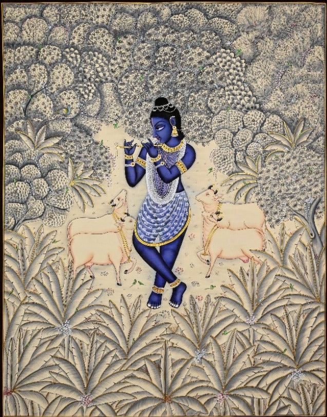 Krishna playing the flute with four cows in an ivory and silver forest Pichwai