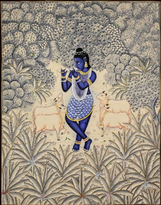 Krishna playing the flute with four cows in an ivory and silver forest Pichwai