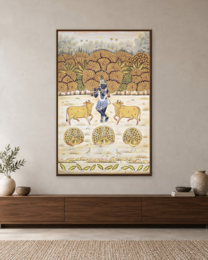 Krishna with Cows and Peacocks by the Lotus Pool — slim-frame room mockup 1 with Nakhrro watermark