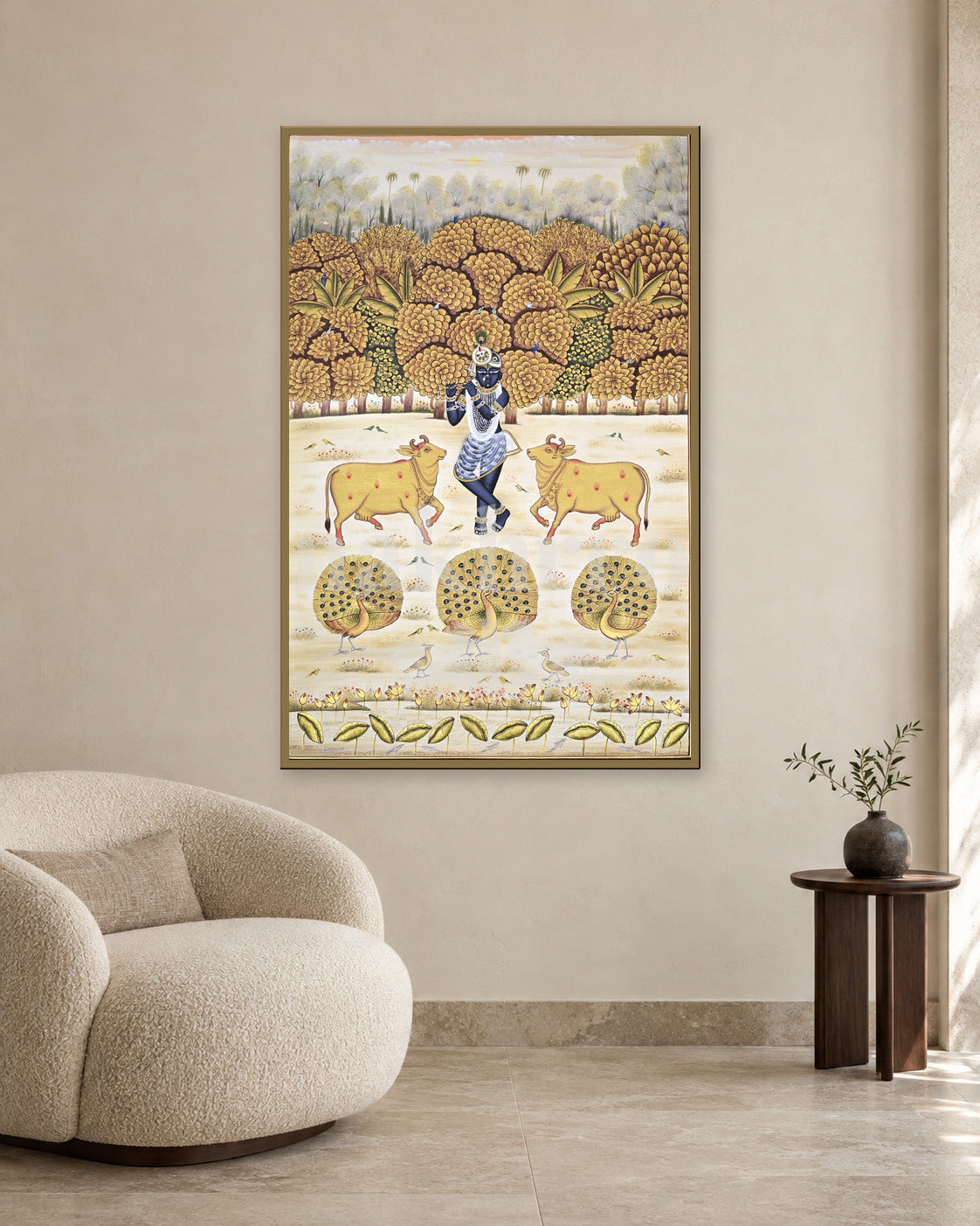 Krishna with Cows and Peacocks by the Lotus Pool — slim-frame room mockup 2 with Nakhrro watermark