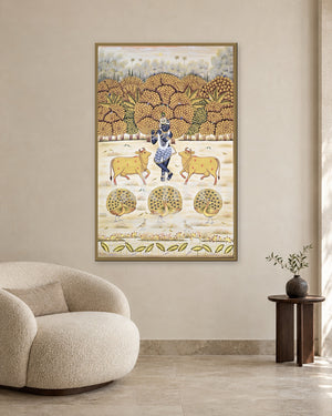 Krishna with Cows and Peacocks by the Lotus Pool — slim-frame room mockup 2 with Nakhrro watermark