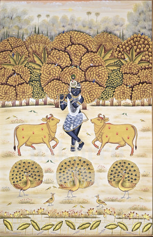Krishna with Cows and Peacocks by the Lotus Pool — full artwork with Nakhrro watermark
