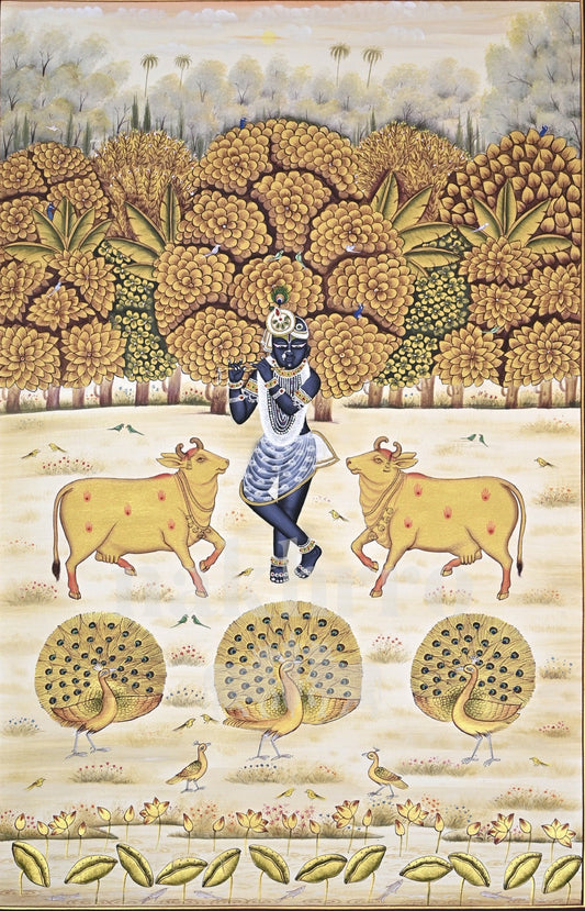 Krishna with Cows and Peacocks by the Lotus Pool — full artwork with Nakhrro watermark