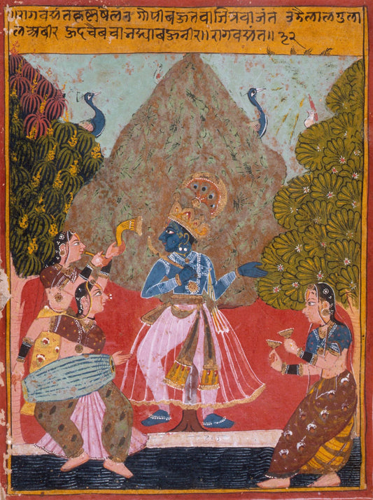 Blue-hued Krishna stands at the centre of a lively musical gathering, with drums, flowing garments and a rugged hill behind him.