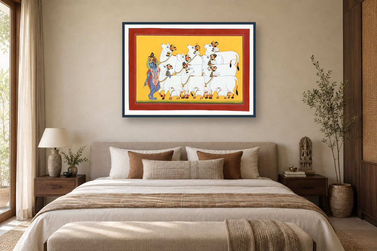 Krishna Ji With Kamdhenu Cows Yellow Pichwai styled in a premium bedroom