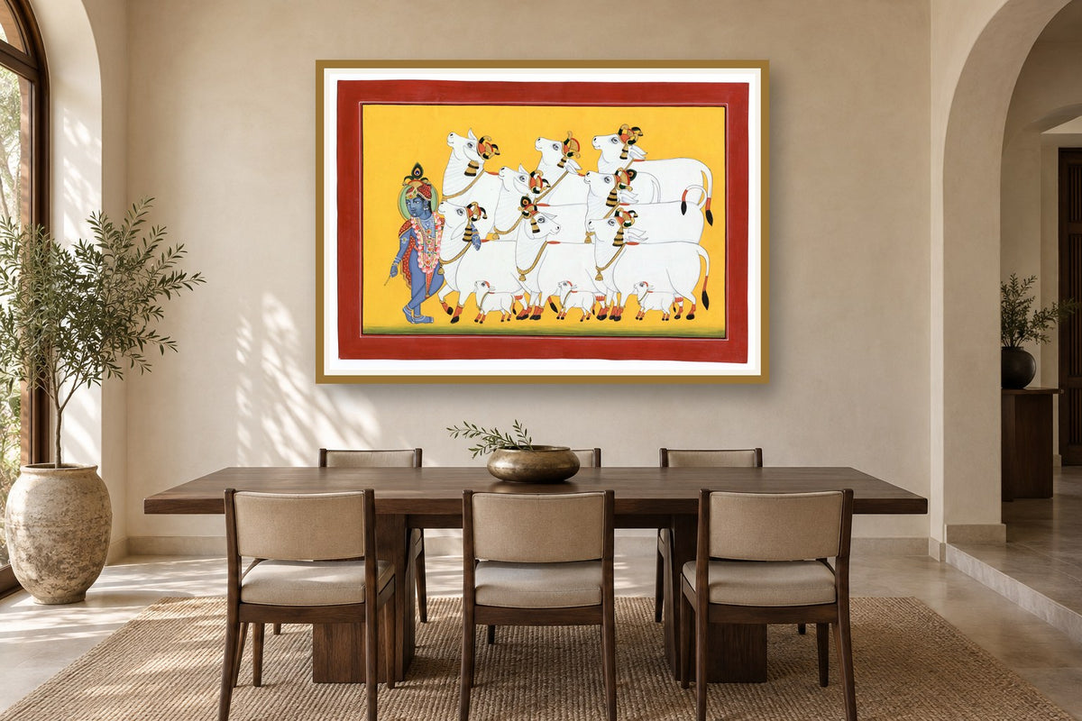 Krishna Ji With Kamdhenu Cows Yellow Pichwai styled in a premium dining room