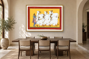 Krishna Ji With Kamdhenu Cows Yellow Pichwai styled in a premium dining room