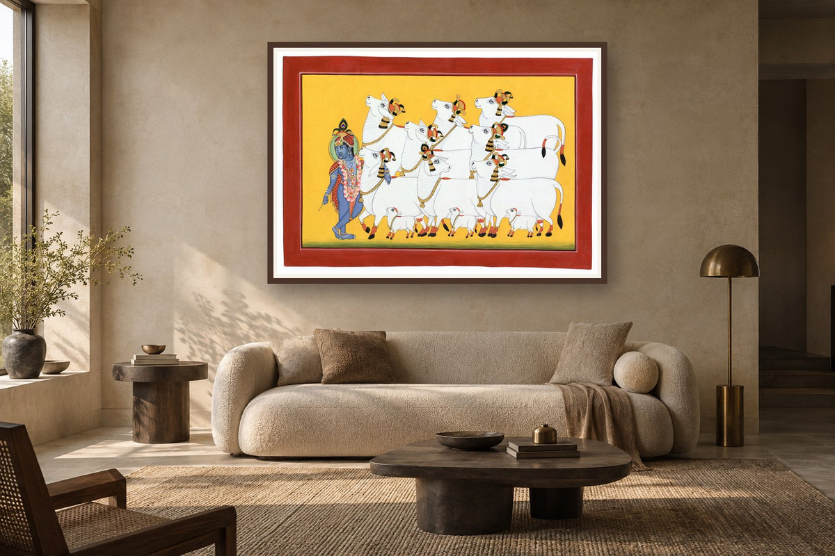 Krishna Ji With Kamdhenu Cows Yellow Pichwai styled in a premium living room