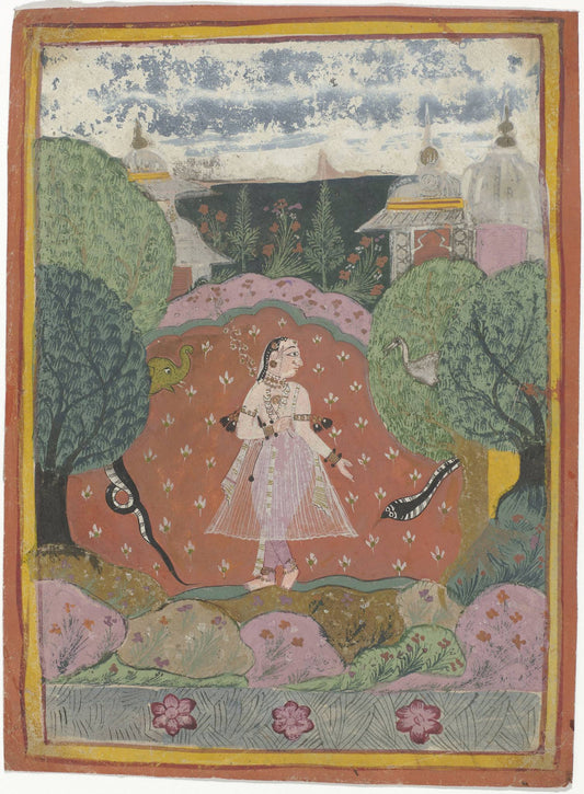 A pale-clad woman stands beneath a parasol amid rolling pink and green hills, with lotus flowers in the foreground.