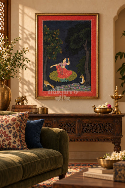 Lady with Deer in a Night Garden — living room styling mockup