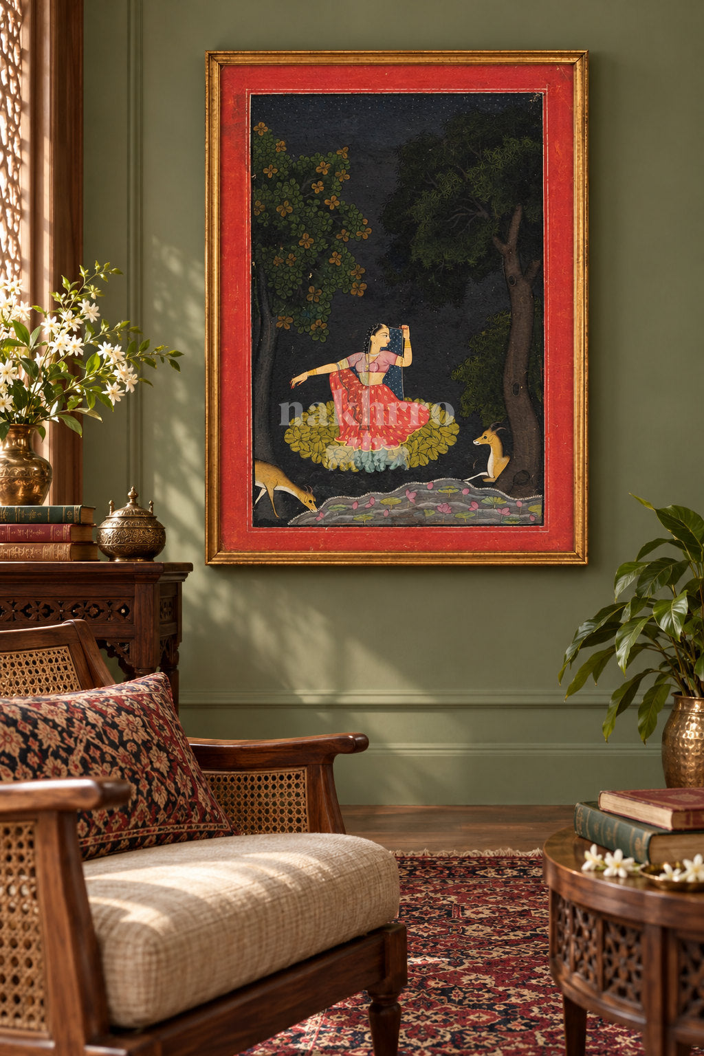 Lady with Deer in a Night Garden — reading room styling mockup