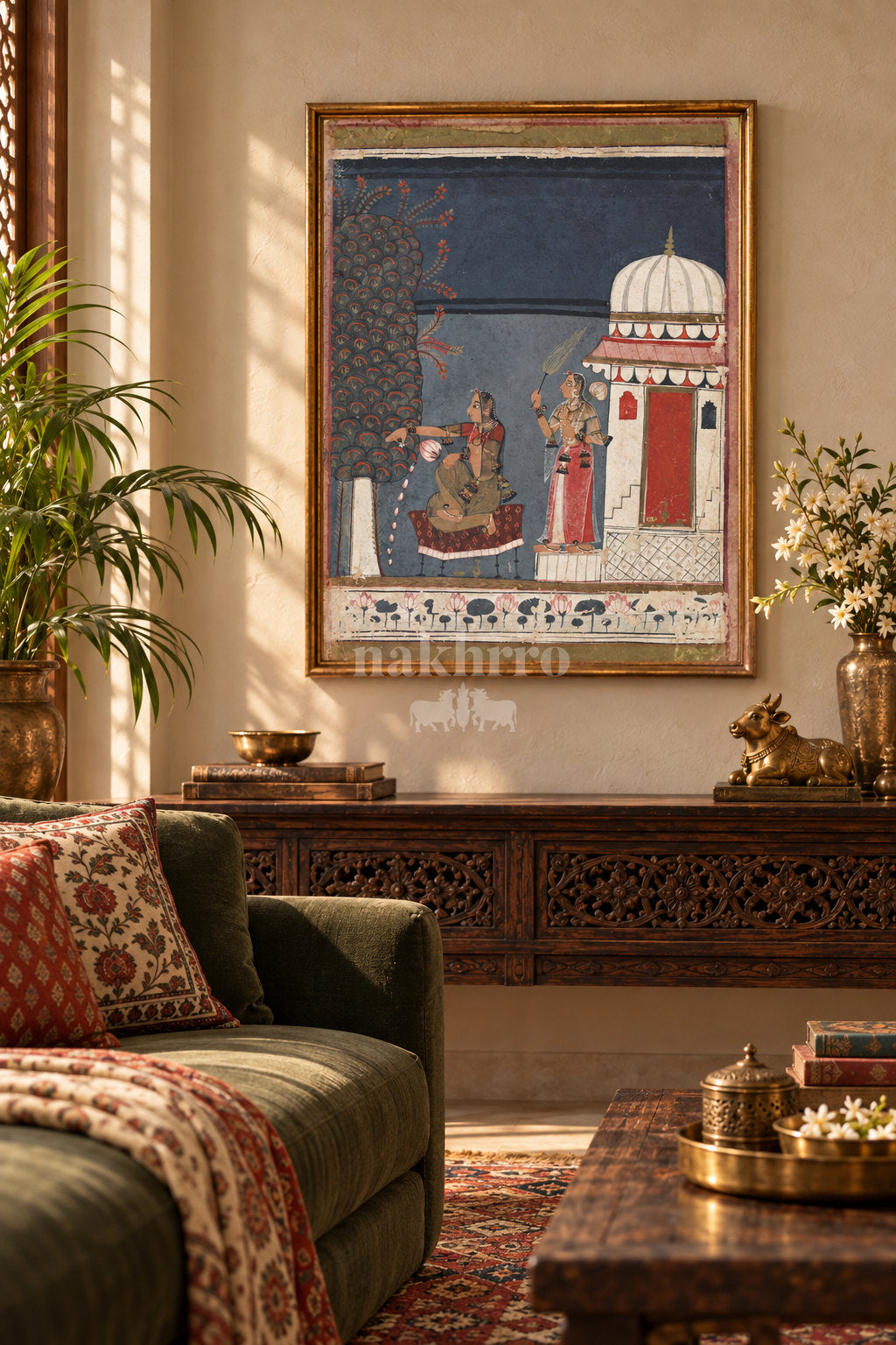 Lady Offering Flowers at a Shiva Shrine — living room styling mockup