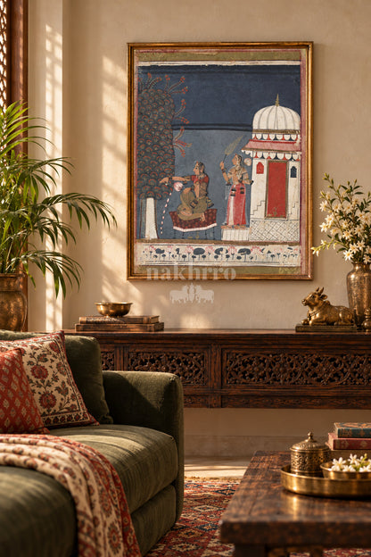 Lady Offering Flowers at a Shiva Shrine — living room styling mockup