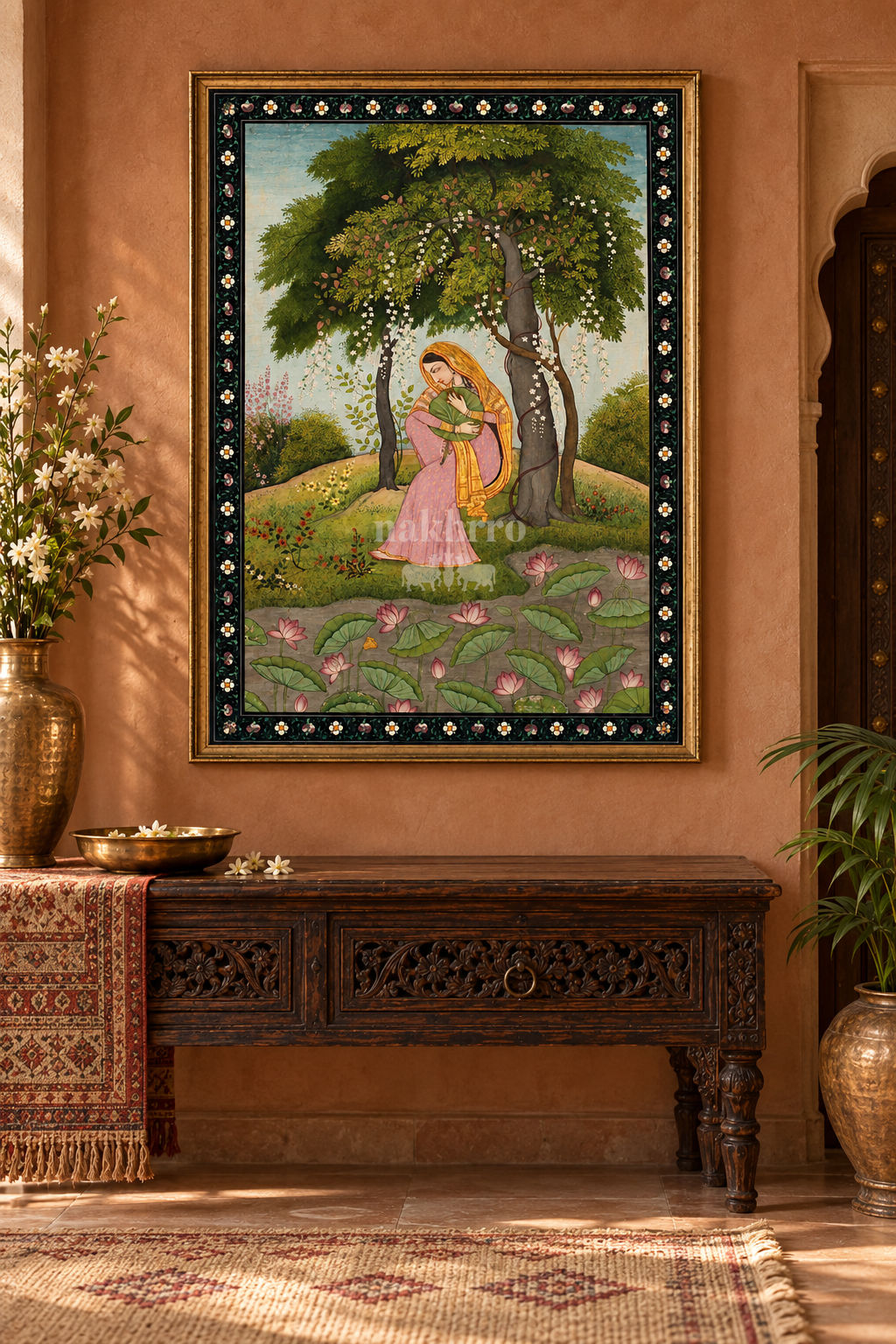 Lady with a Lotus Leaf in a Flowering Grove — entryway styling mockup