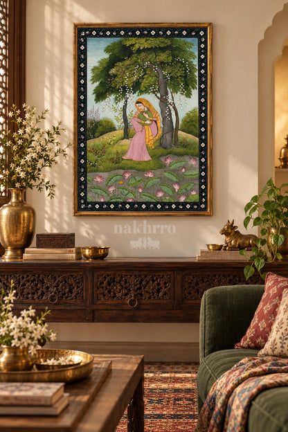 Lady with a Lotus Leaf in a Flowering Grove — living room styling mockup