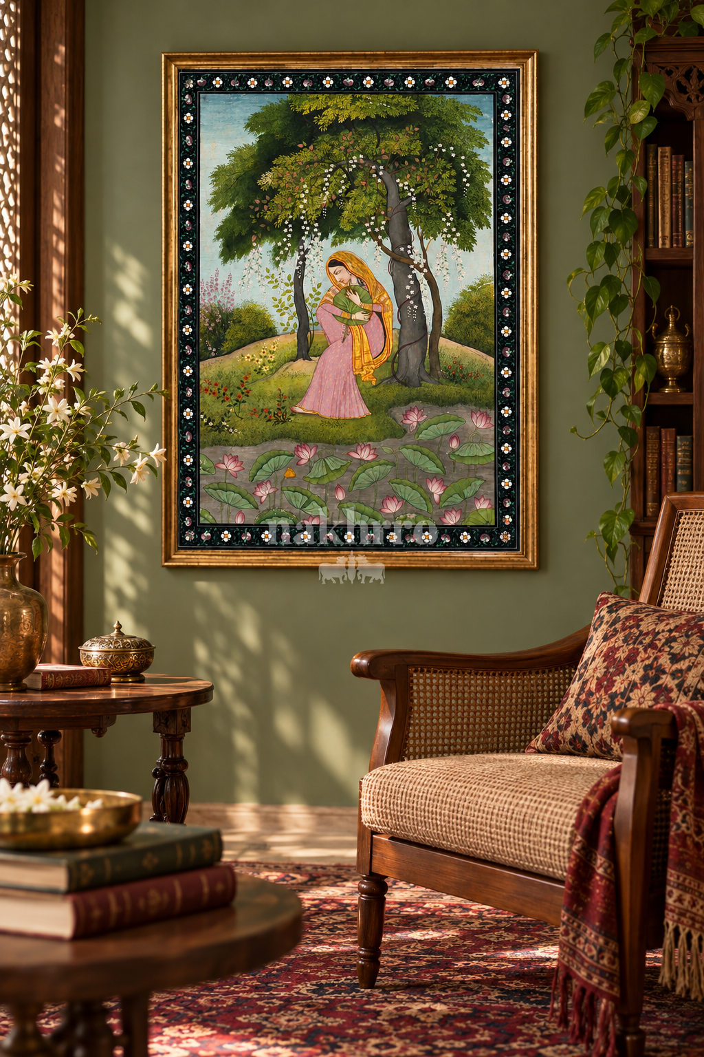 Lady with a Lotus Leaf in a Flowering Grove — reading room styling mockup