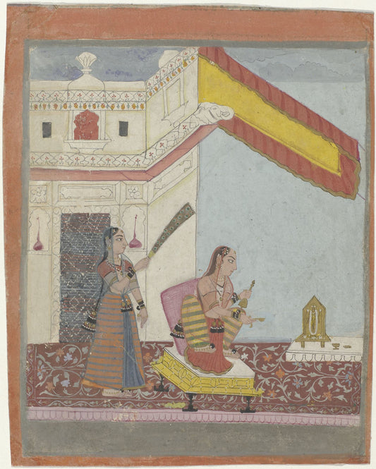 A woman rests on a patterned balcony with peacocks nearby, beneath a long red-and-yellow awning and pale palace walls.