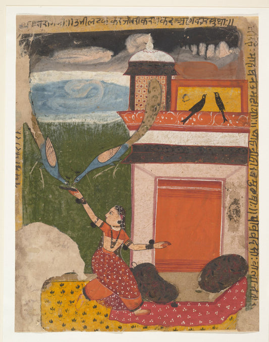 A reclining woman reaches toward a peacock beside a palace pavilion, beneath a dramatic sky of layered clouds.