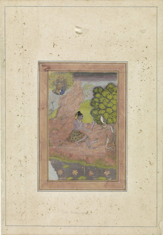 A small garden scene of a lady and peacock sits within a broad cream manuscript border scattered with delicate floral motifs.
