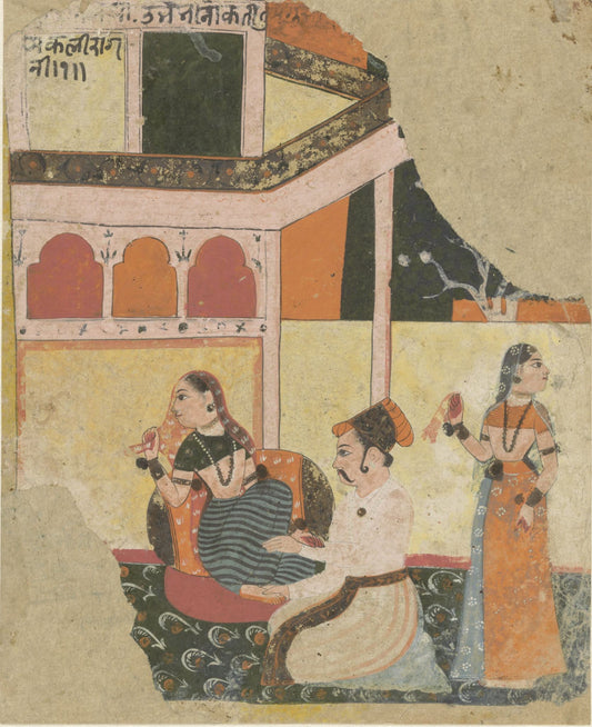 A seated woman holds a veena as attendants gather beside her, with a pale palace rising against a softly aged ground.