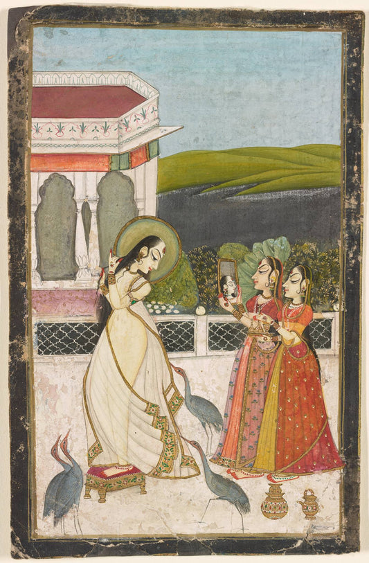 A musician in a pale flowing garment stands beside companions on a palace terrace, with green hills opening into the distance.