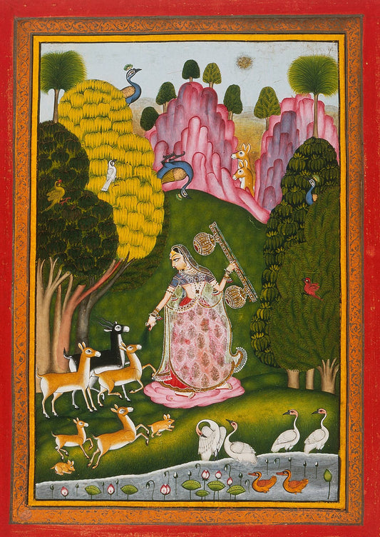 A woman stands among deer in a jewel-toned landscape, with a lotus pool, rocky hills and ornamental trees surrounding her.