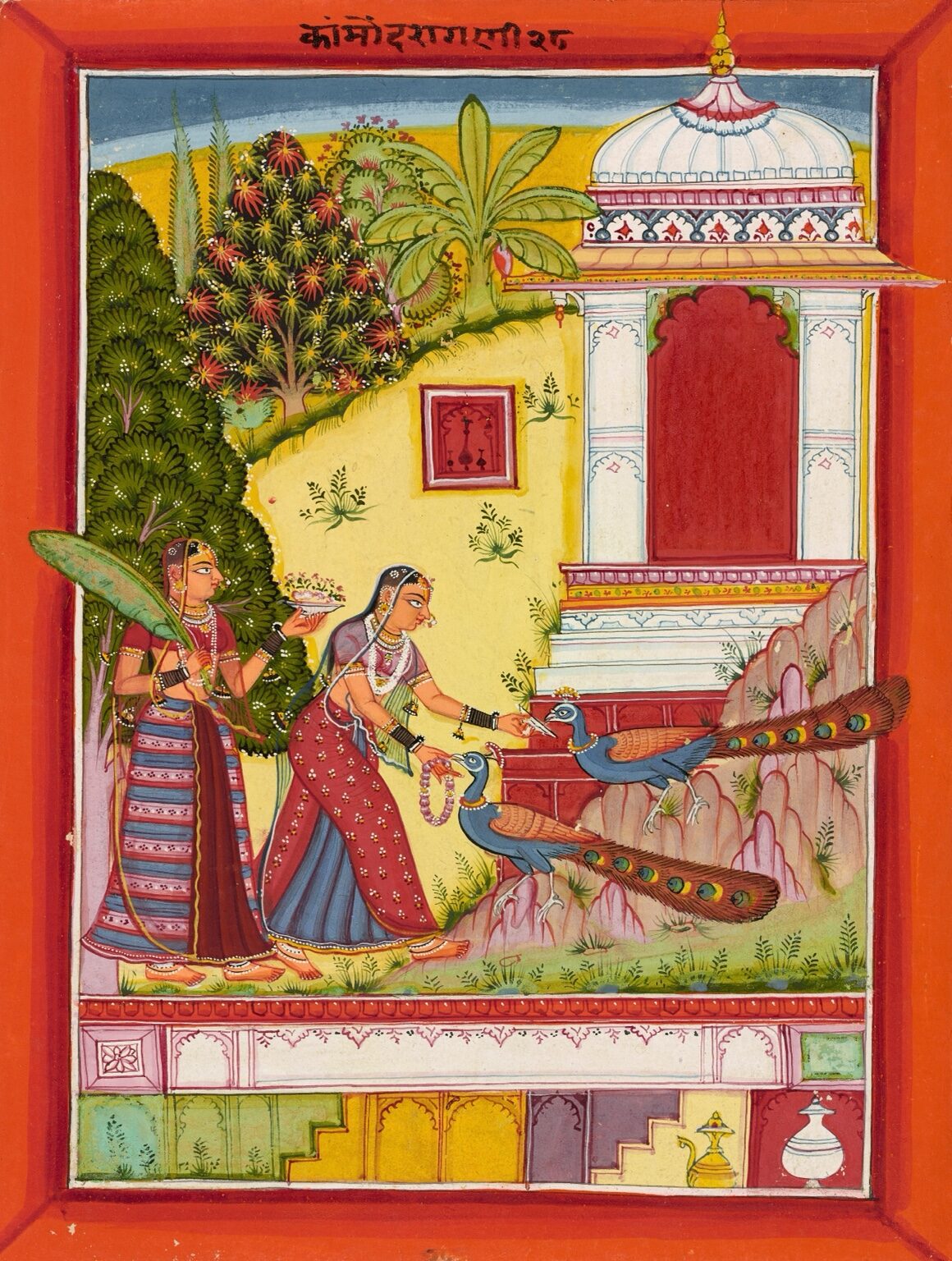 Indian miniature painting of a lady with a peacock in a palace garden