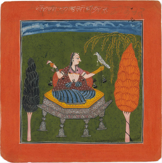 A seated female figure is surrounded by winding snakes beneath a leafy tree, set against a green landscape and red folio border.