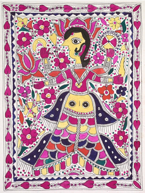 Lakshmi with her owl in vibrant floral Madhubani folk art