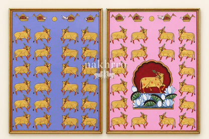 Lavender and Pink Golden Cows | Pichwai Gallery Wall Set of Two