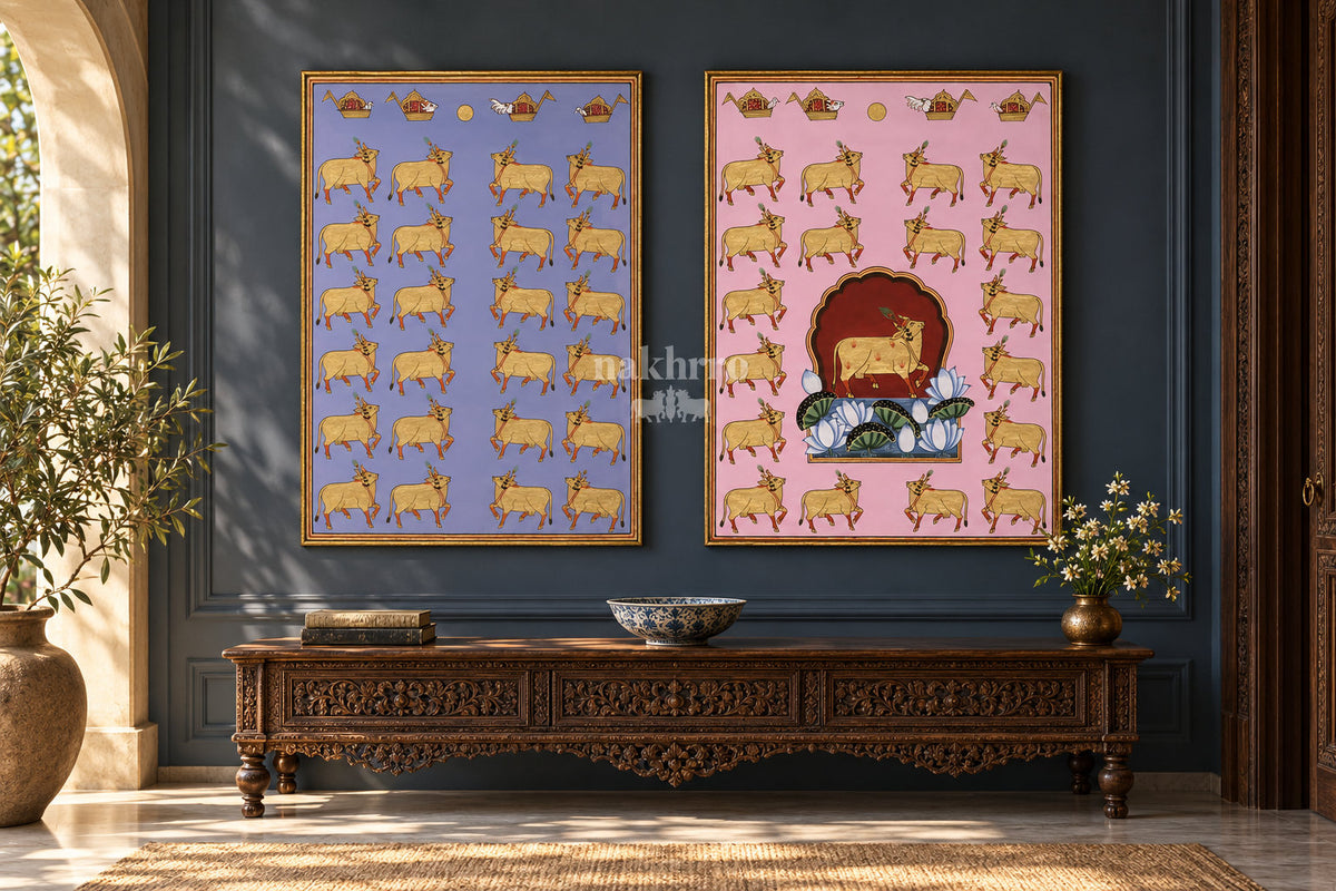 Lavender and Pink Golden Cows — gallery wall room view 1