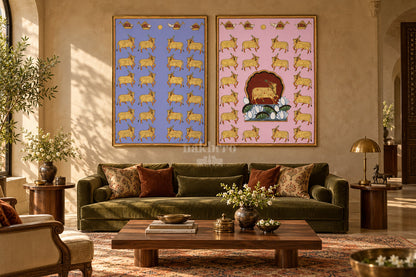 Lavender and Pink Golden Cows — gallery wall room view 3