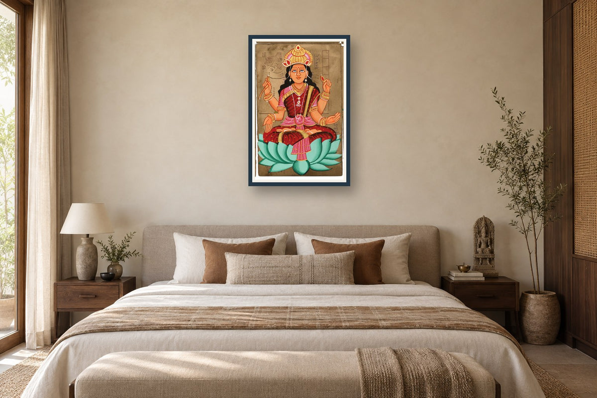Laxmi Ji On Lotus Postcard styled in a premium bedroom