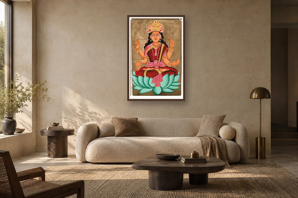 Laxmi Ji On Lotus Postcard styled in a premium living room