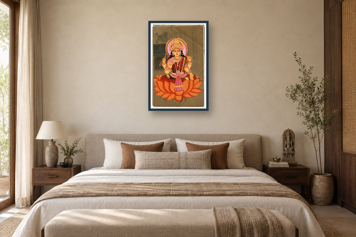 Laxmi Ji On Orange Lotus Postcard styled in a premium bedroom