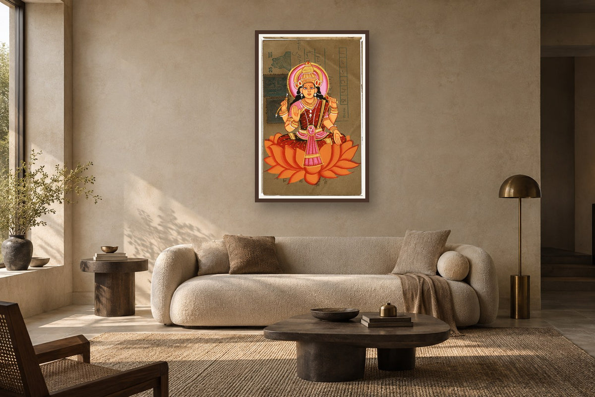 Laxmi Ji On Orange Lotus Postcard styled in a premium living room