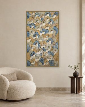 Layered Cow Herd in Blue and Gold — slim-frame room mockup 2 with Nakhrro watermark