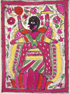 Lotus Kali in vivid pink, green and yellow Madhubani folk art