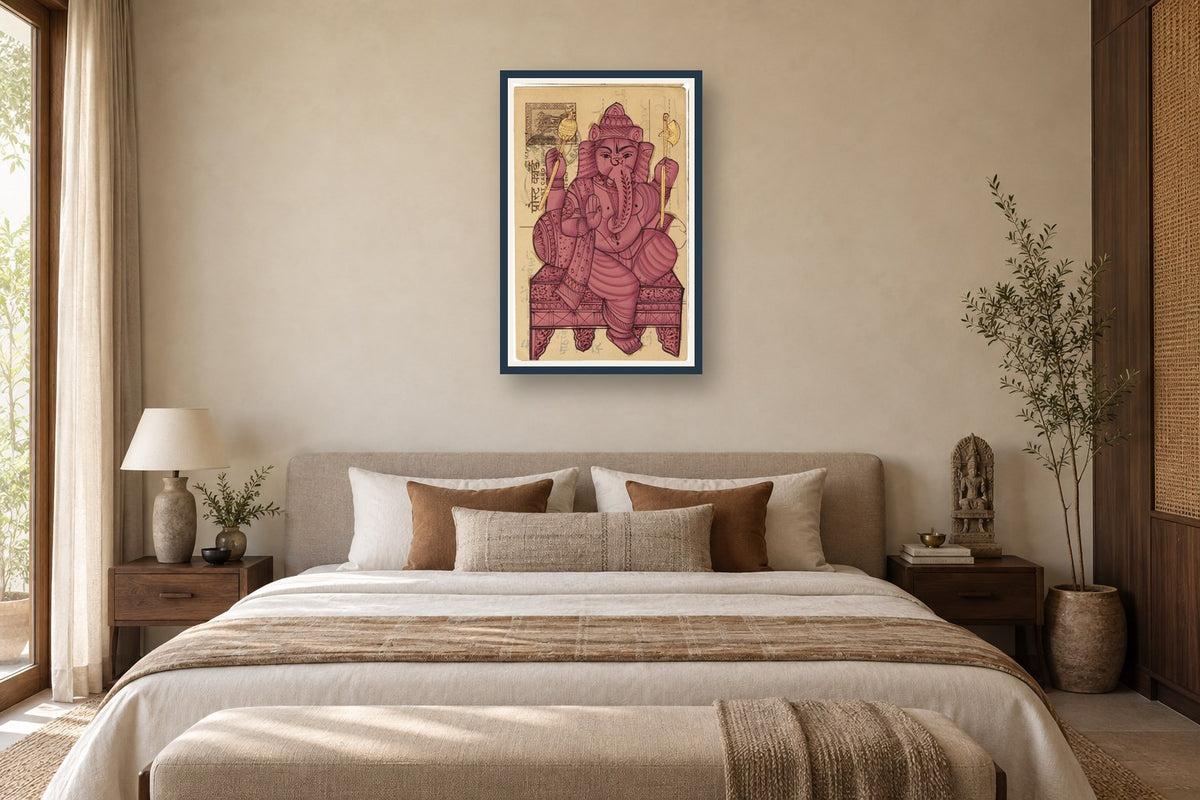 Magenta Ganesha Postcard styled in a premium bedroom