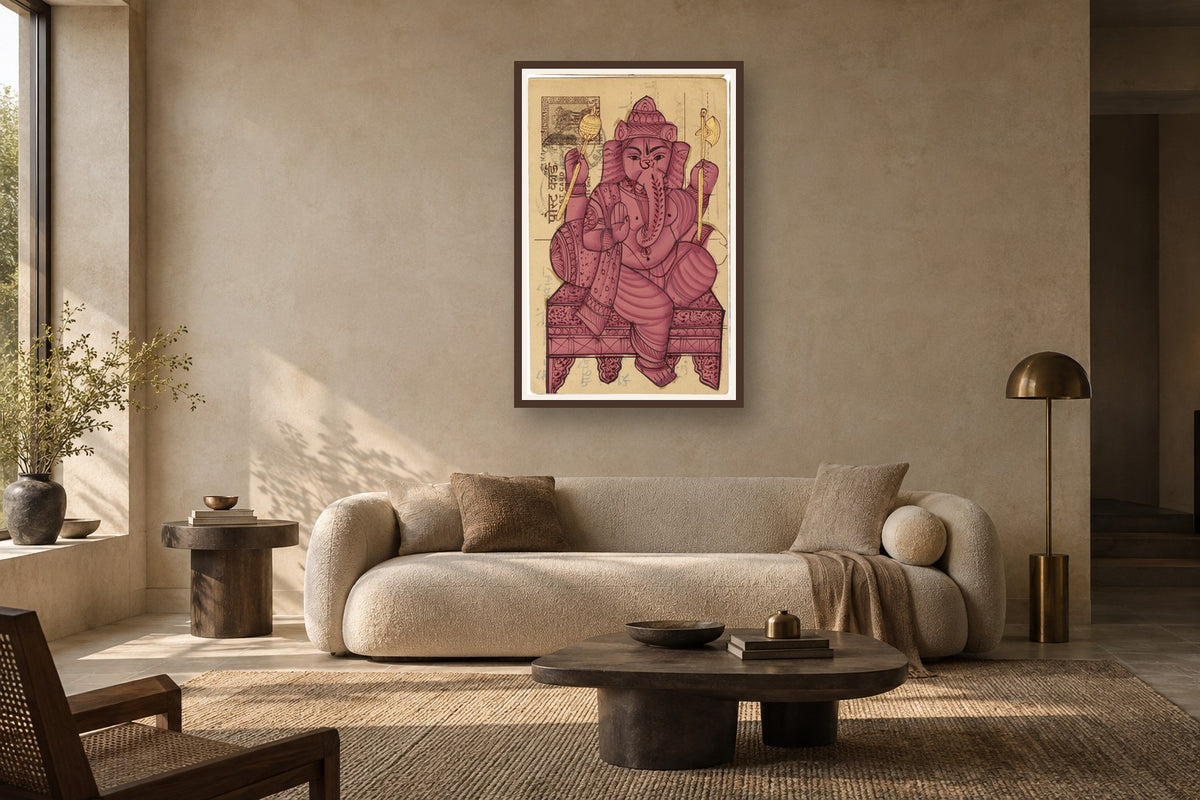 Magenta Ganesha Postcard styled in a premium living room