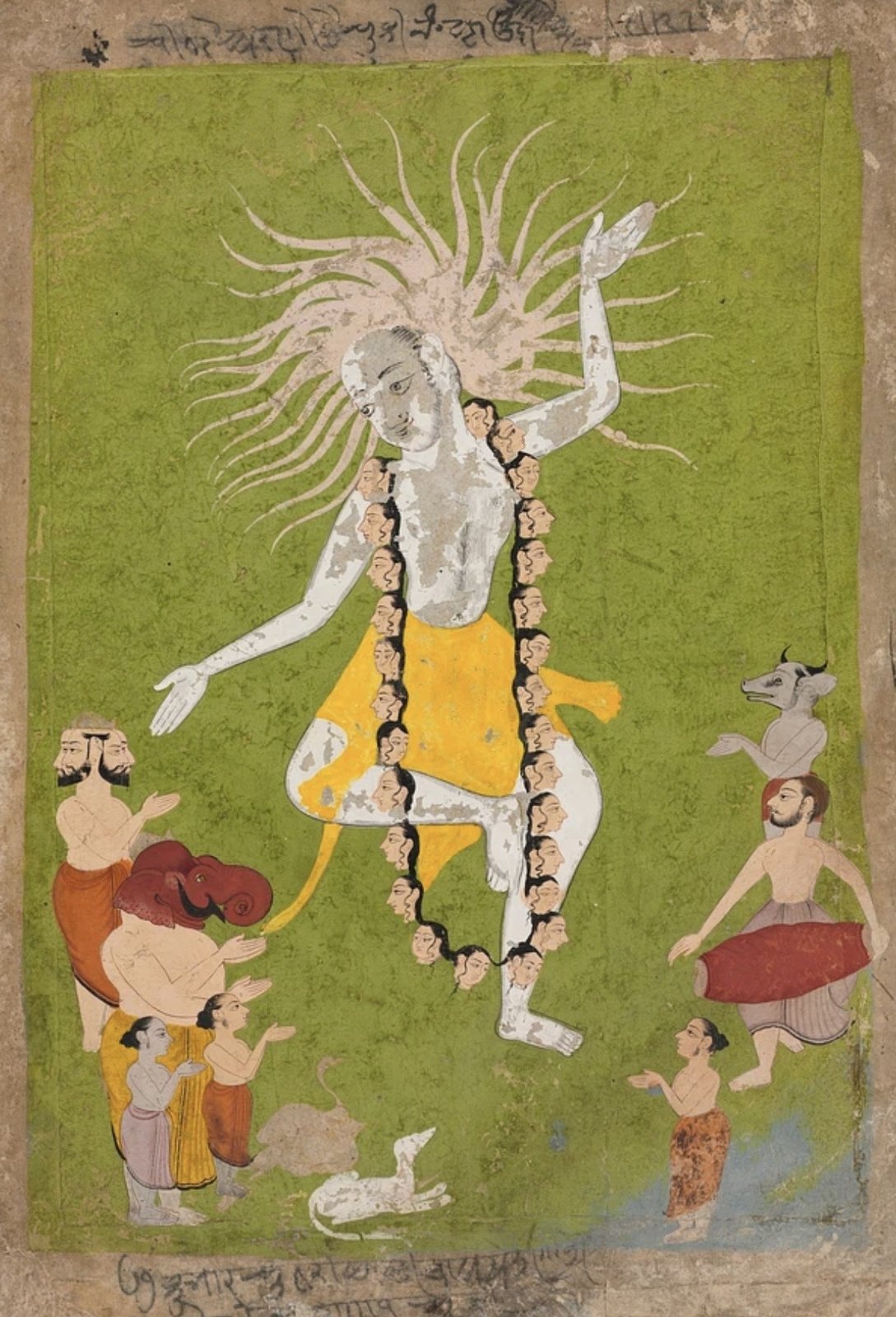 Mahakala performing Shiva’s transformative dance against a vivid green field