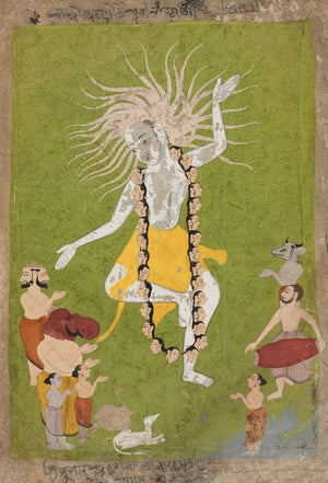 Mahakala performing Shiva’s transformative dance against a vivid green field