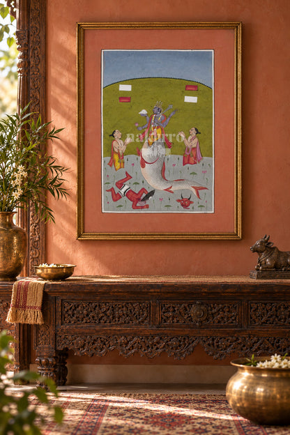 Matsya Avatar of Vishnu — entryway styling mockup