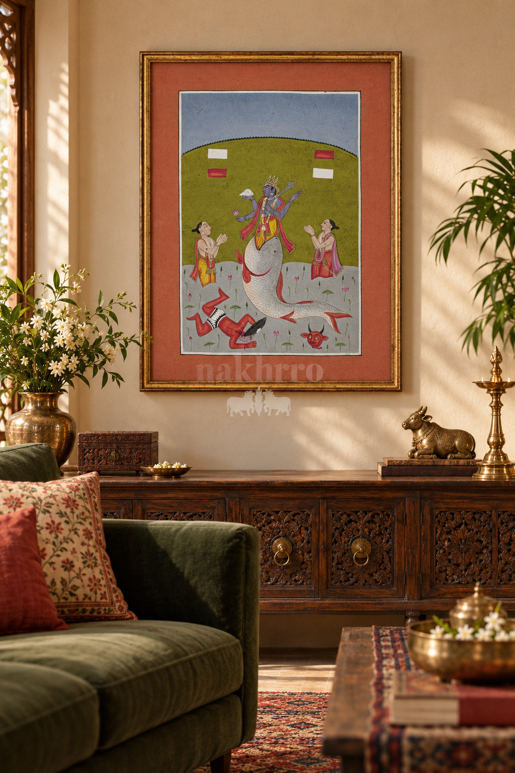 Matsya Avatar of Vishnu — living room styling mockup