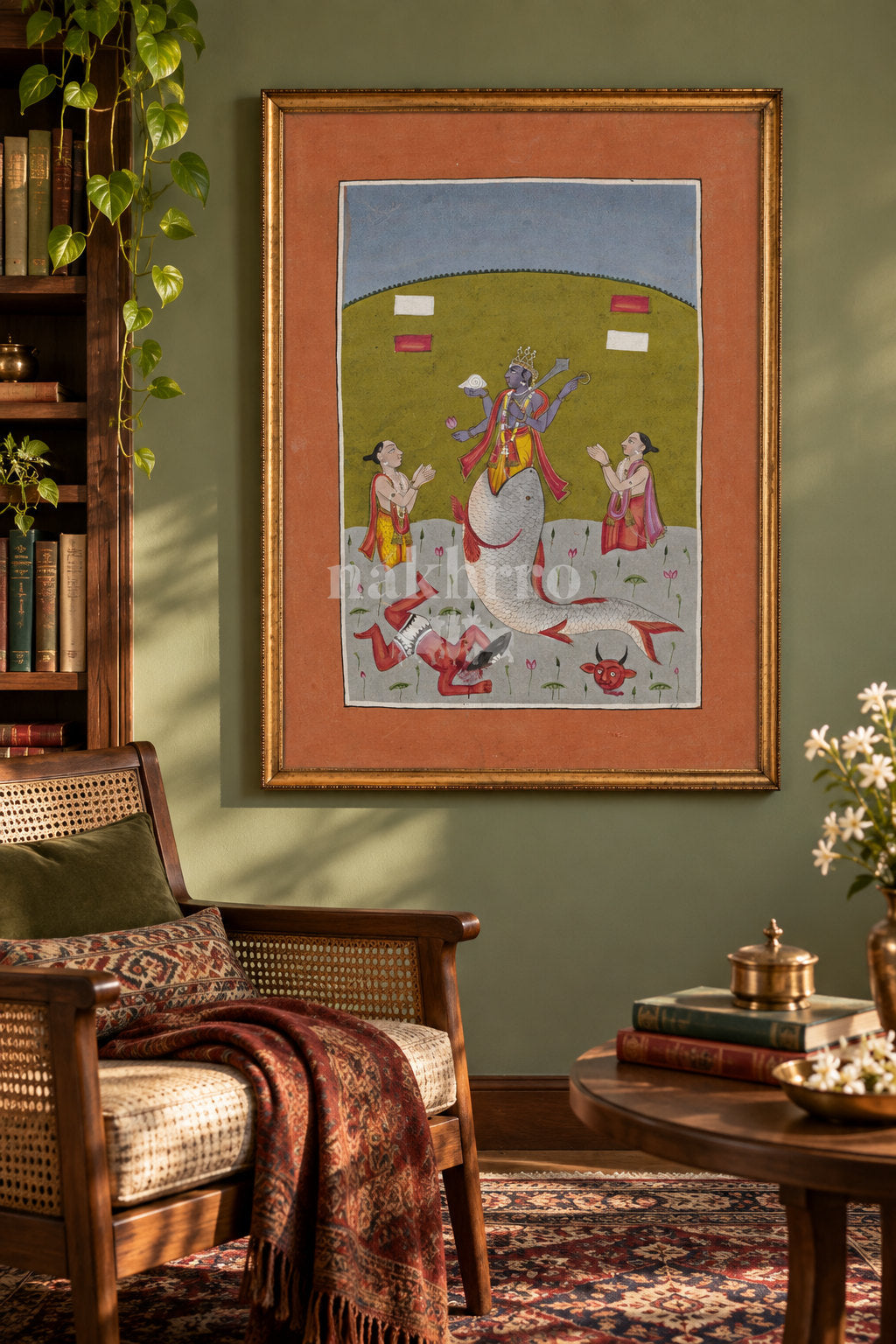 Matsya Avatar of Vishnu — reading room styling mockup