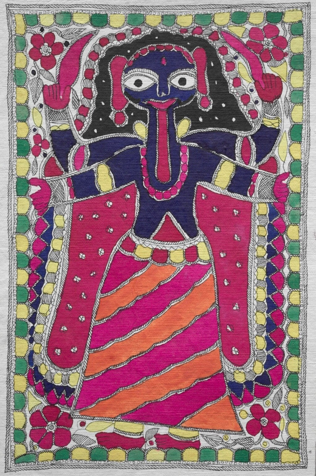 Midnight-blue Kali in a bold floral Madhubani folk art composition