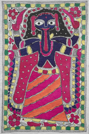 Midnight-blue Kali in a bold floral Madhubani folk art composition