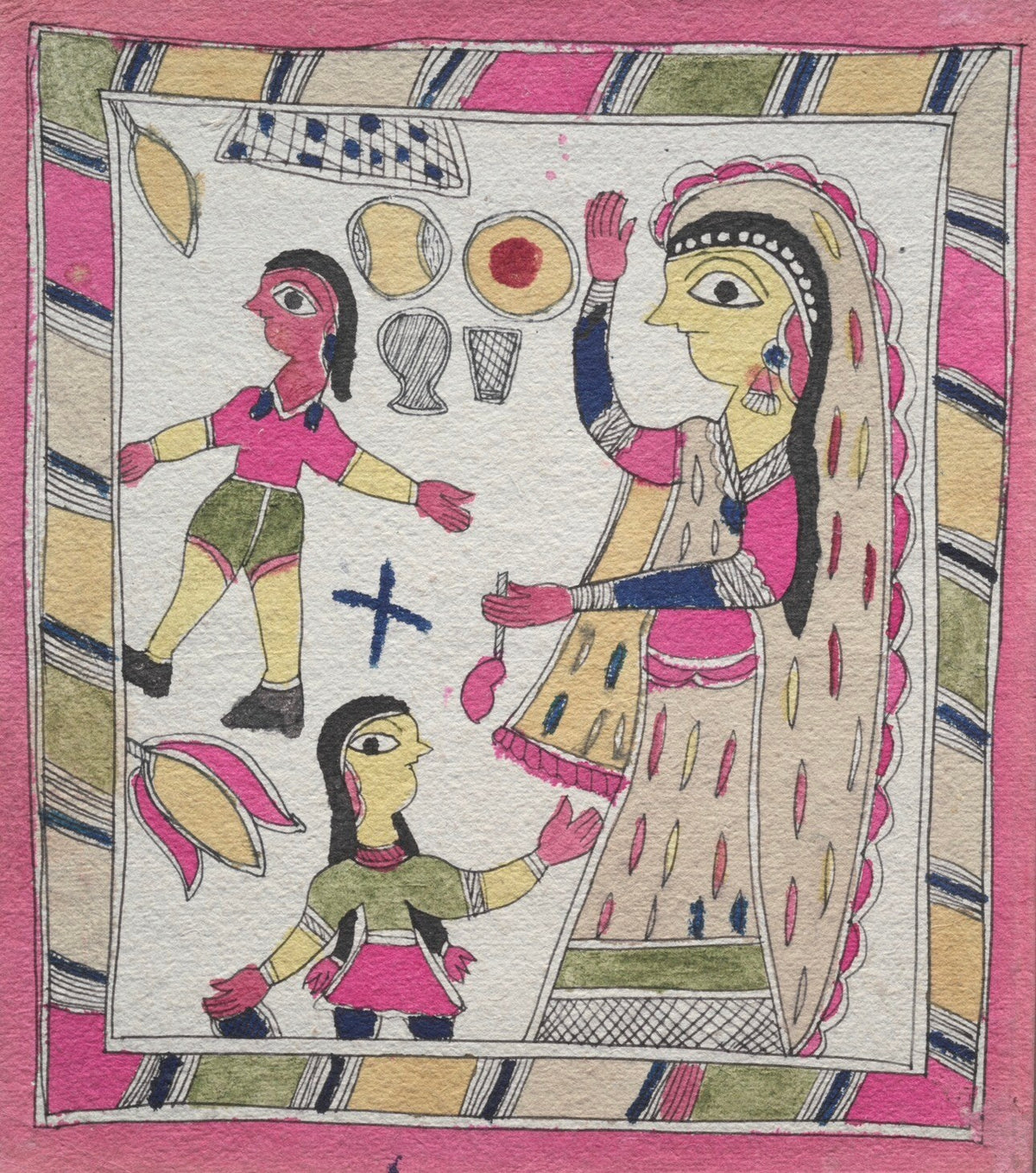 Mother and daughters in a warm domestic Madhubani folk art scene