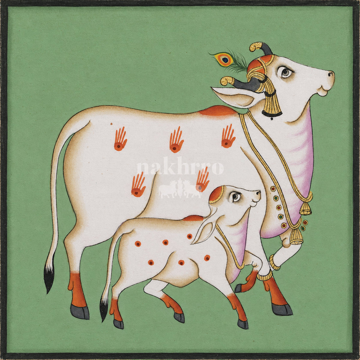 Mother Cow and Calf on Green | Pichwai Museum-Grade Art Print