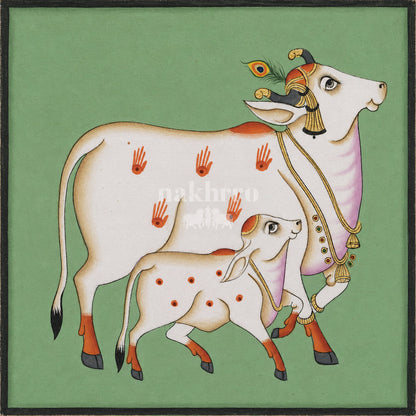 Mother Cow and Calf on Green | Pichwai Museum-Grade Art Print